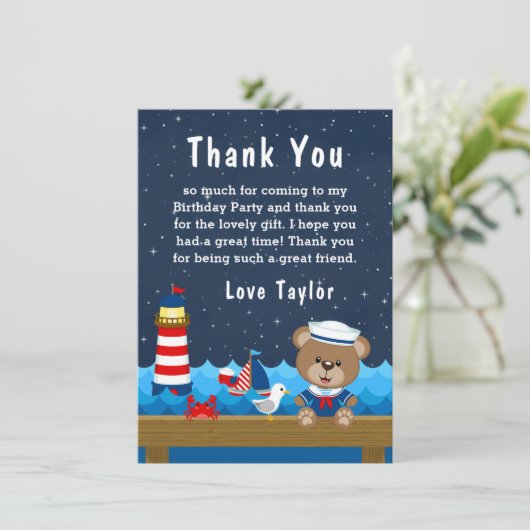 ボーイ航海のベアーレッド&ネイビー誕生日パーティー サンキューカード (スタンド正面)