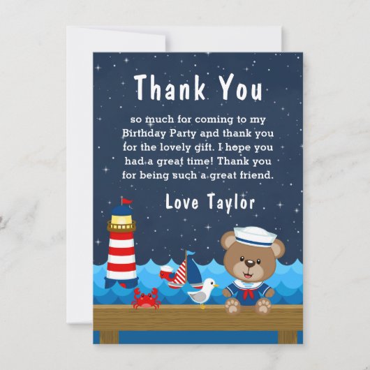 ボーイ航海のベアーレッド&ネイビー誕生日パーティー サンキューカード (正面)