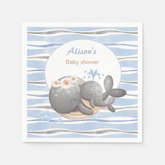 ボーイ航海のホエールブルー夏の男の子の赤ちゃんシャワー スタンダードカクテルナプキン (正面)