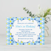 ボーイ誕生日招待状ブルーイエロー水玉模様 招待状 (スタンド正面)