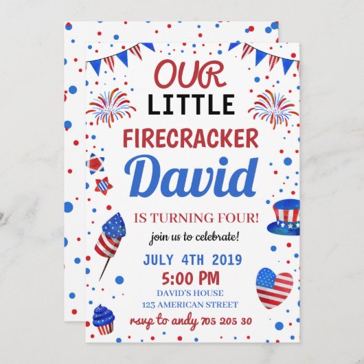 ボーイ誕生日USAアメリカンフィラクカー7月4日 招待状 (正面/裏面)