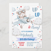 ボーイ飛行機パーティの招待状、ベア飛行機誕生日 招待状 (正面/裏面)