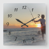 ボーイ魚釣りオフ海ピアクロック スクエア壁時計 (正面)