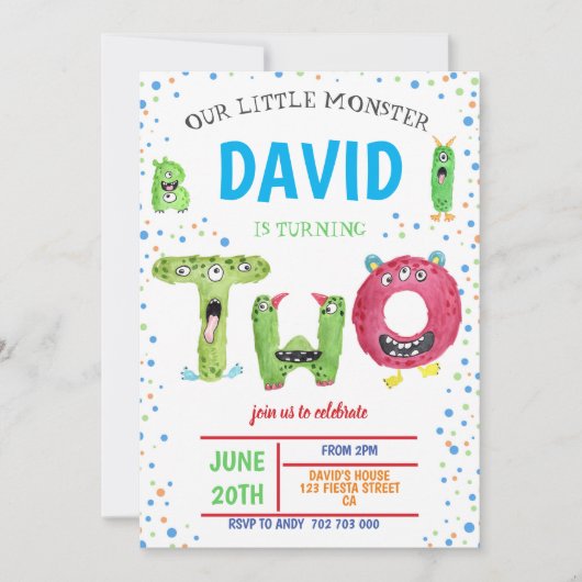 ボーイ2ndバースデーモンスターズパーティーセカンド誕生日 招待状 (正面)