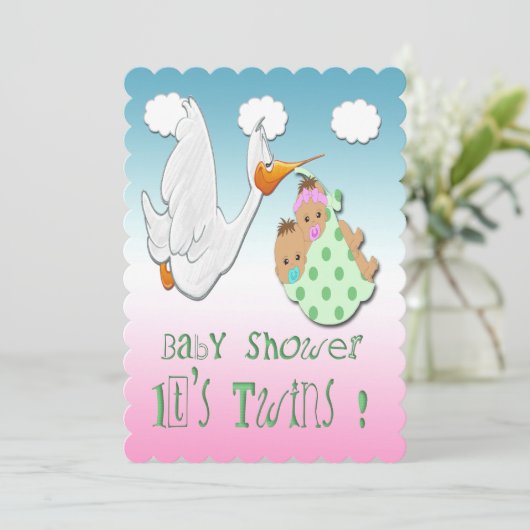 ボーイ&ガールツインズ-ストークベビーシャワー招待状 招待状 (スタンド正面)