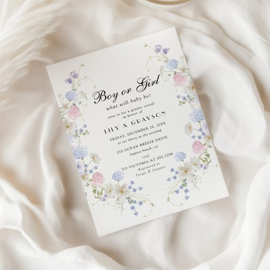 ボーイ？ ガール？ ピンクとブルーのワイルドフラワー　ジェンダー・リビール 招待状