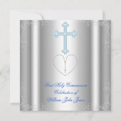 ボーイ・ファースト・ホーリー・コミュニオンシルバーホワイト・ブルー 招待状 (正面)