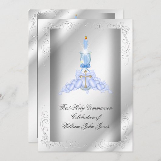 ボーイ・ファースト・ホーリー・コミュニオンシルバー・ブルー・ボーイズ 招待状 (正面/裏面)