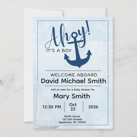 ボーイ・ベビーシャワーの招待状「Ahoy It's A Boy」 招待状 (正面)