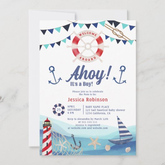 ボーイ・ボートブルー赤航海の赤ベビーシャワー 招待状 (正面)