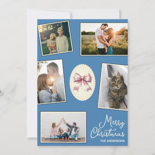 ボーエレガントスチールブルークリスマスフォトコラージュ シーズンカード (正面)