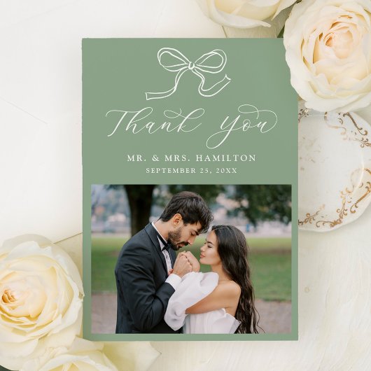 ボーエレガントセージ緑の結婚写真 サンキューカード