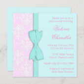 ボーエレガントティール（緑がかった色）ブルーピンクダマスクベビーガールシャワー 招待状 (正面/裏面)