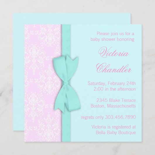 ボーエレガントティール（緑がかった色）ブルーピンクダマスクベビーガールシャワー 招待状 (正面/裏面)