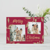 ボーエレガントド金ゴールド葉2写真クリスマスカード (スタンド正面)