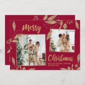 ボーエレガントド金ゴールド葉2写真クリスマスカード (正面/裏面)