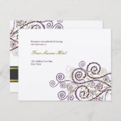 ボーエレガントパープルらせん状ウェディングレセプションカード 招待状 (正面/裏面)