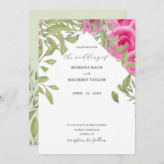 ボーエレガントピンクローゼズウォーターカラーアート 招待状 (正面/裏面)