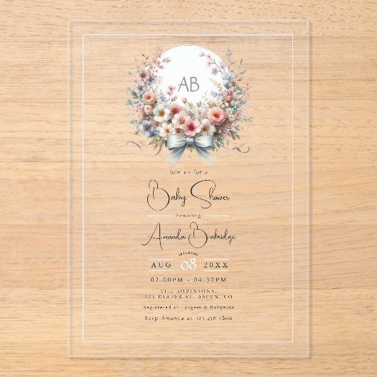 ボーエレガントフローラモノグラムベビースシャワー アクリル招待状 (正面)
