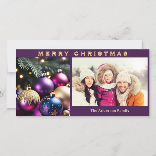 ボーエレガントブルオーナメントファミリー写真クリスマス シーズンカード (正面)