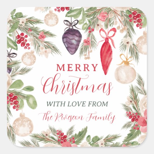 ボーエレガントブルパインフローラ水の色クリスマス スクエアシール (正面)