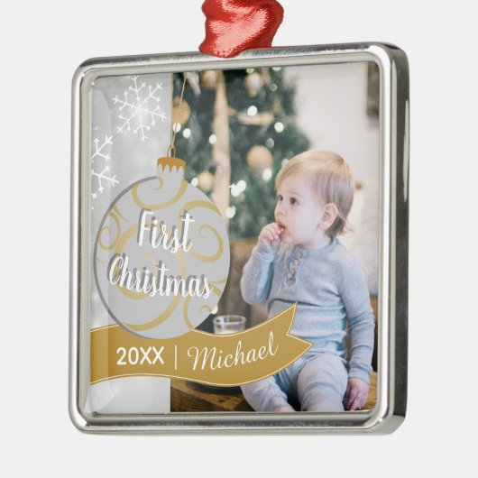 ボーエレガントブルベビーの初めてのクリスマス写真 メタルオーナメント (左)