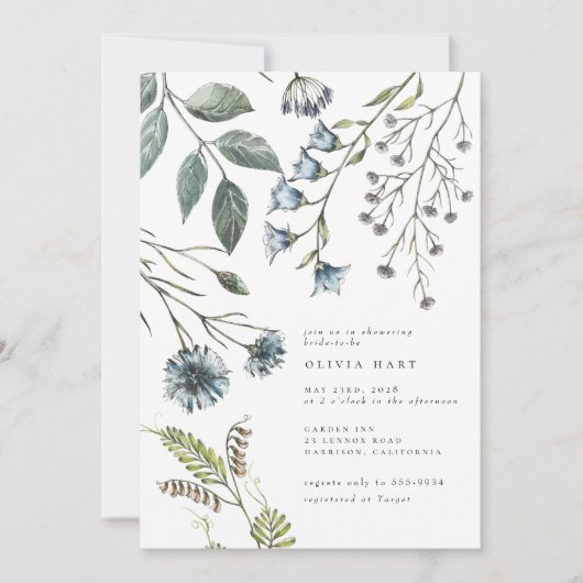 ボーエレガントブルーグリーンワイルドフラワーブライダルシャワー 招待状 (正面)