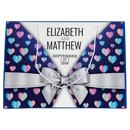 ボーエレガントモダンドとハートスペックルデザイン ラージペーパーバッグ (正面)