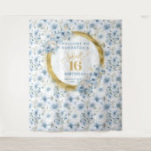 ボーエレガントライトブルーSweet sixteen金ゴールドグリッター タペストリー (正面)