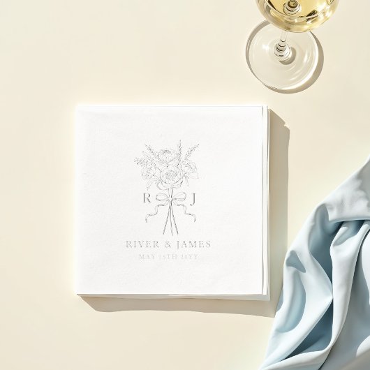 ボーエレガントリボンフローラブーケ結婚のモノグラム 箔ナプキン