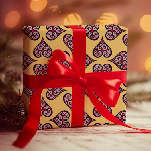 ボーエレガントーハート模様装飾黄色工芸品 ラッピングペーパー