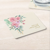 ボーエレガントー赤面ピンクウォーター色フローラ結婚ズ スクエアペーパーコースター (アングル)