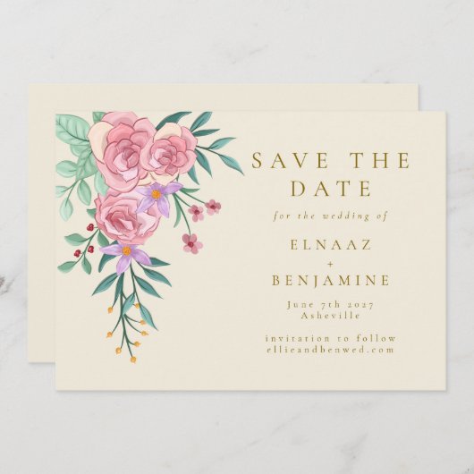 ボーエレガントー赤面ピンクウォーター色フローラ結婚ズ セーブザデート (正面/裏面)