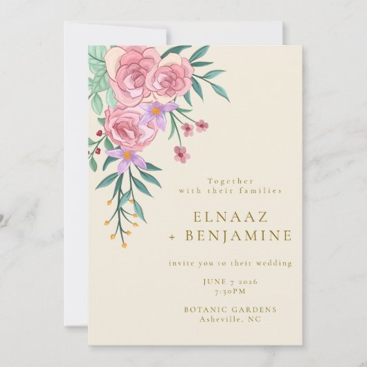 ボーエレガントー赤面ピンクウォーター色フローラ結婚ズ 招待状 (正面)