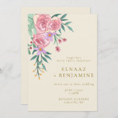 ボーエレガントー赤面ピンクウォーター色フローラ結婚ズ 招待状 (正面/裏面)
