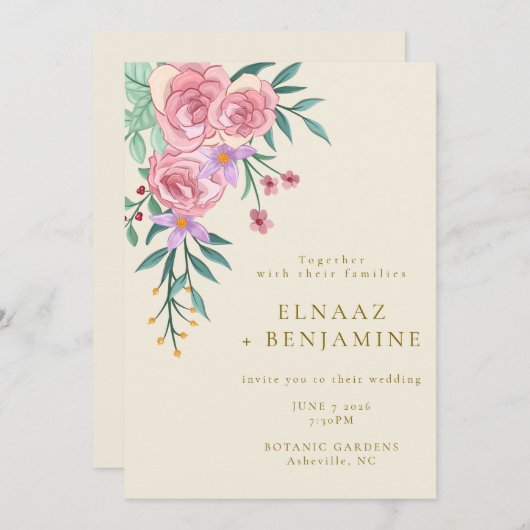 ボーエレガントー赤面ピンクウォーター色フローラ結婚ズ 招待状 (正面/裏面)
