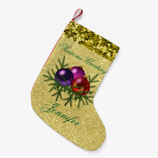 ボーカラフルルオーナメント金ゴールドフェイクグリッター スモールクリスマスストッキング (正面 (吊り時))