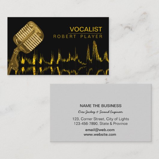 ボーカリストの歌手DJの音楽の先生のマイクロフォンの金ゴールド 名刺 (正面/裏面)