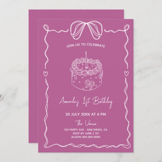 ボーガーリーケーキファースト誕生日招待状 招待状 (正面/裏面)