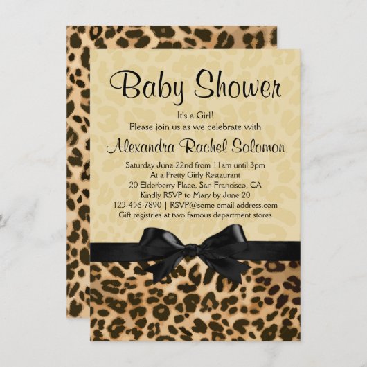 ボーガールベビーシャワー付きヒョウ柄招待状 招待状 (正面/裏面)