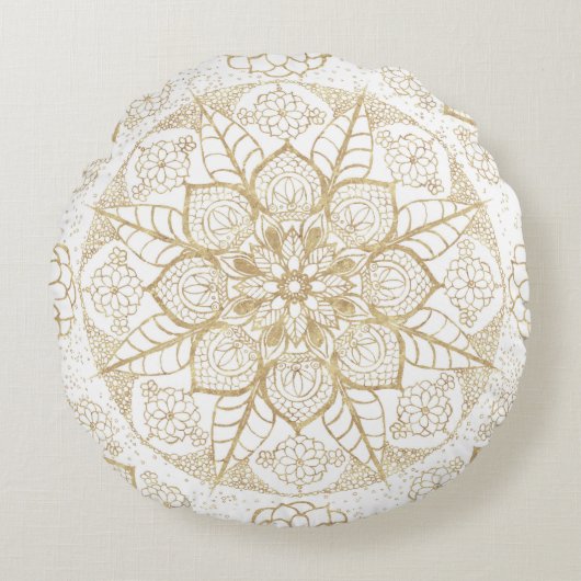 ボースタイリッシュホホワイト金ゴールドマンダラフローラ ラウンドクッション (正面)