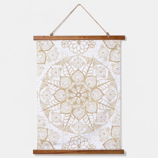 ボースタイリッシュホホワイト金ゴールドマンダラフローラ 吊り下げ型タペストリー (正面)