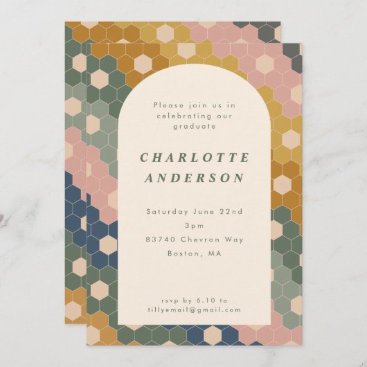 ボースタイリッシュー幾何学青緑の卒業パーティー 招待状 (正面/裏面)