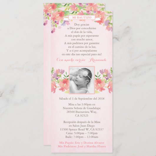 ボースペインのティゾピンクフローラバプテスマ招待状女の子 招待状 (正面/裏面)