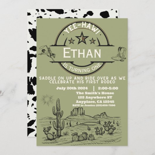 ボーズウエスタンファーストロデオファースト誕生日 招待状 (正面/裏面)