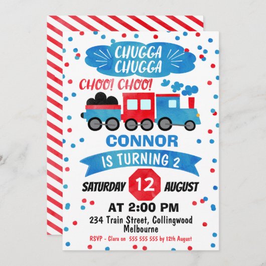 ボーズウォーターカラートレイン誕生日招待状 招待状 (正面/裏面)