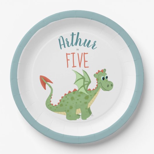 ボーズカワイグリーンドラゴン子供の誕生日 ペーパープレート (正面)