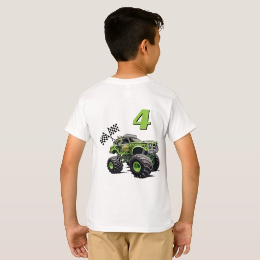 ボーズグリーン蛍光モンスタートラック誕生日 Tシャツ (裏面フル)