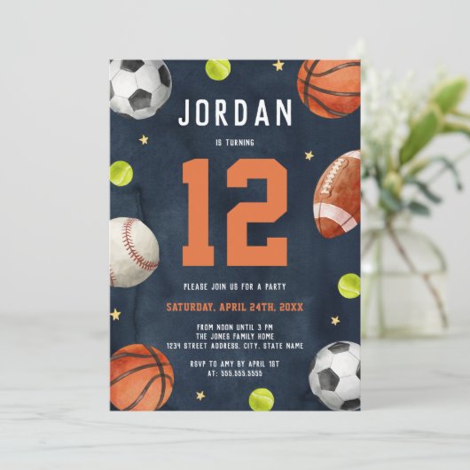 ボーズスポーツテーマオレンジネイビーバースデーパーティー 招待状 (スタンド正面)