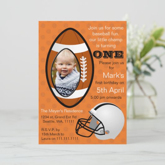 ボーズフットボールラグビー第1誕生日写真招待状 招待状 (スタンド正面)